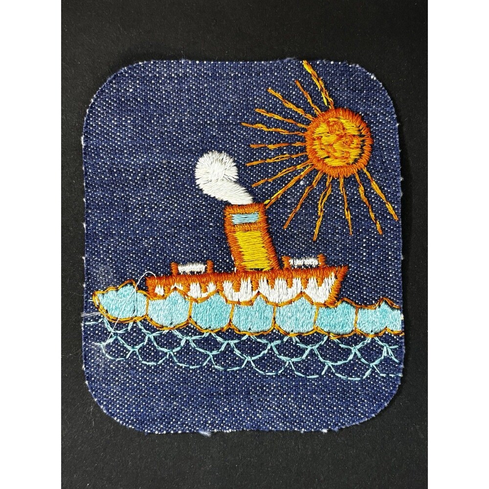 Vintage 1970s Steamboat Ocean Liner Denim Patch Steamship Sun Ocean Sew On 70s